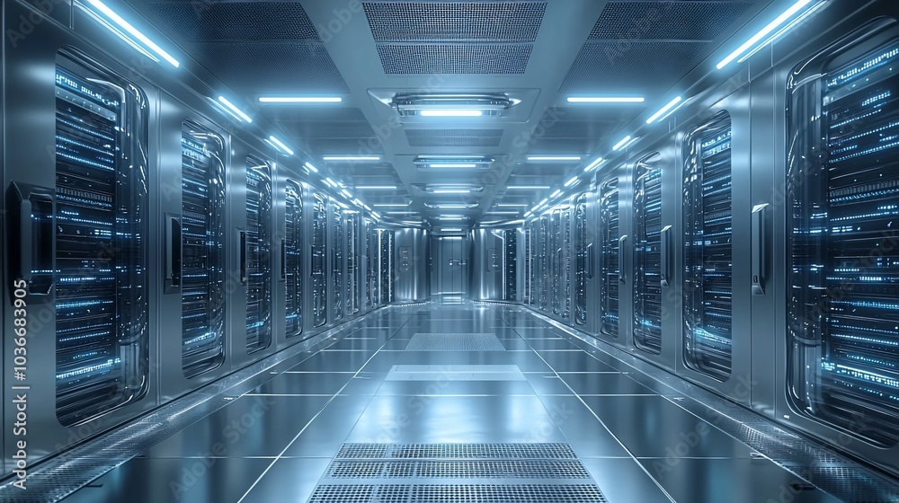 Long corridor of a modern data center with glowing servers on both sides. Long corridor of a modern data center with glowing servers on both sides.