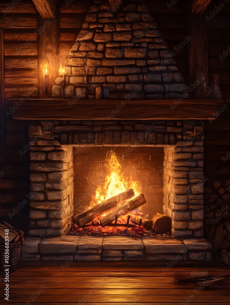 Cozy Rustic Fireplace with Crackling Flames and Warm Chiaroscuro Lighting in Cabin Interior