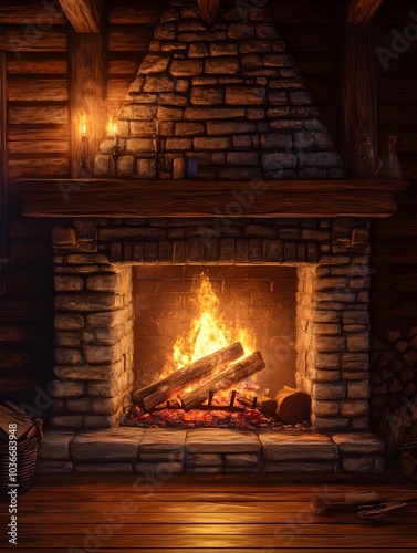 Obraz na płótnie Cozy Rustic Fireplace with Crackling Flames and Warm Chiaroscuro Lighting in Cabin Interior w salonie
