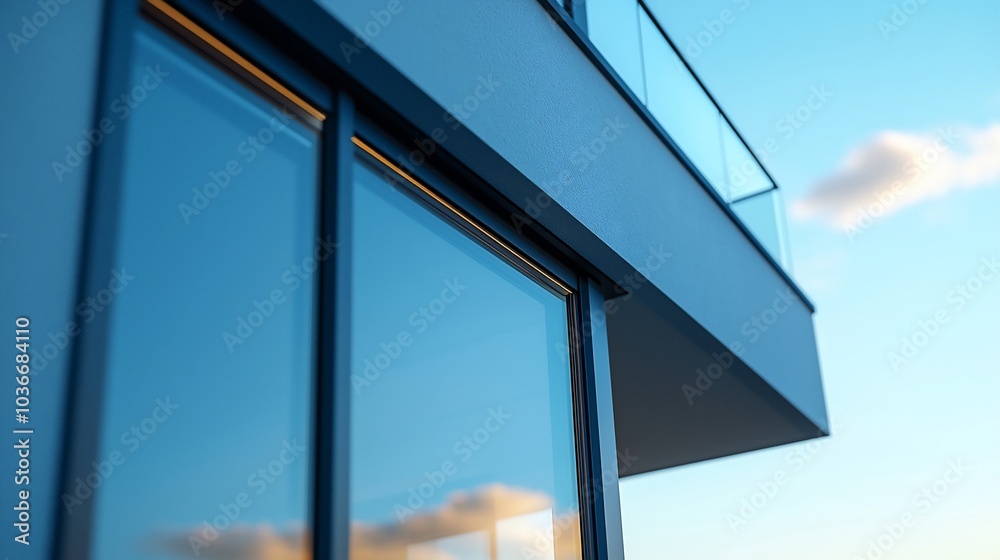 Modern building exterior with glass windows and a balcony against a blue sky. Modern building exterior with glass windows and a balcony against a blue sky.