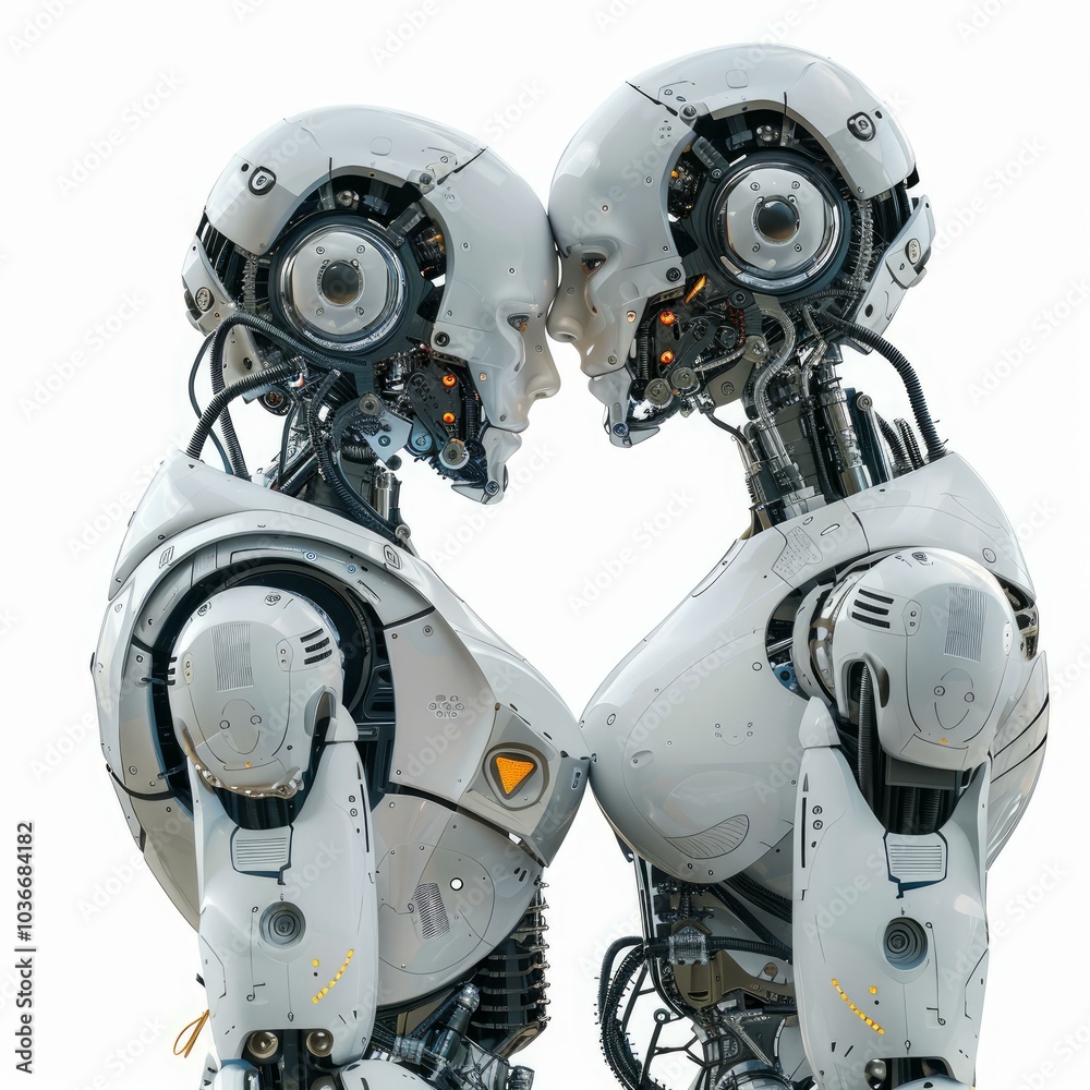 Two white futuristic robots with similar builds standing face to face Two white futuristic robots with similar builds standing face to face