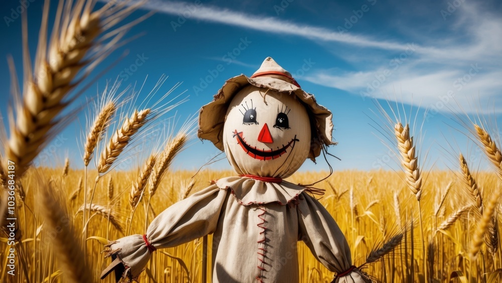 Funny scarecrow standing in a field of wheat. Funny scarecrow standing in a field of wheat.