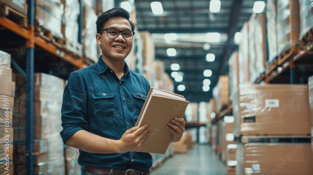 A smiling warehouse worker holding a clipboard in a busy storage facility during the day A smiling warehouse worker holding a clipboard in a busy storage facility during the day