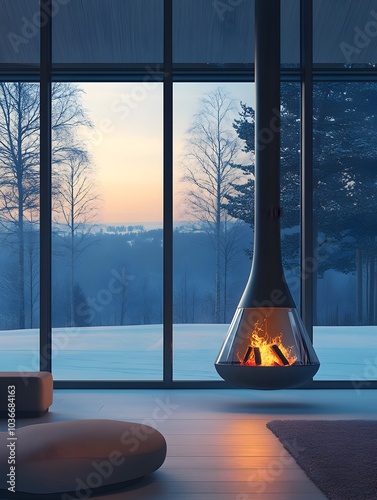 Mesmerizing Blue Tinged Minimalist Fireplace in Sleek Nordic Inspired Interior photo