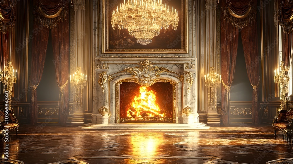 Opulent Renaissance Style Marble Fireplace in Majestic Palatial Hall