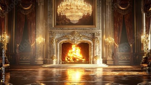 Obraz na płótnie Opulent Renaissance Style Marble Fireplace in Majestic Palatial Hall w salonie