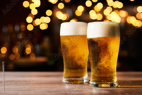パブの店内で、木製のテーブルの上に二つのキラキラした美味しそうなビール。