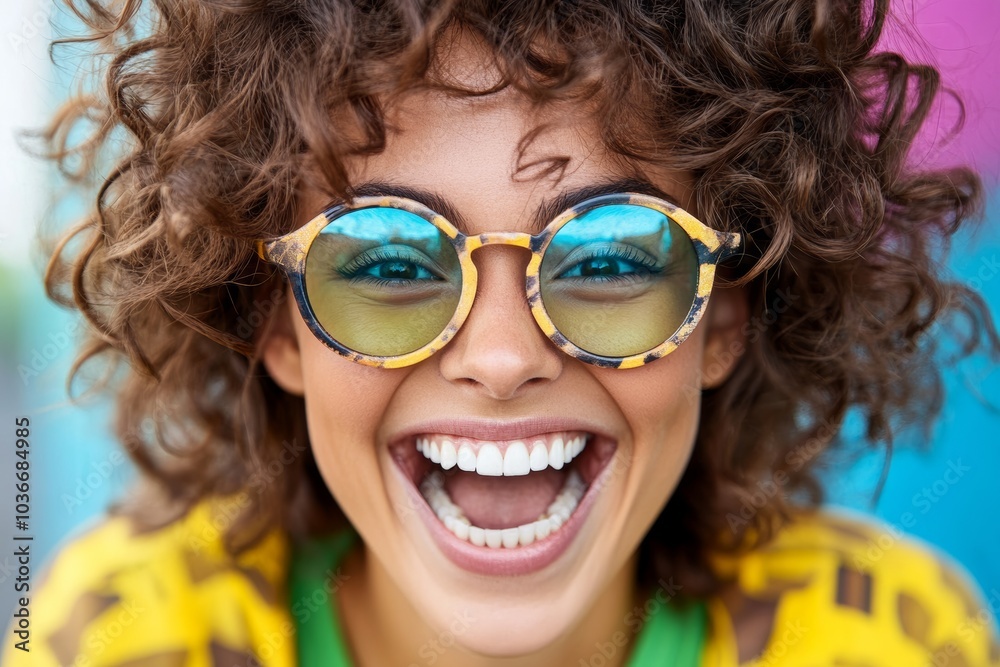 Woman with curly hair is smiling and wearing glasses. She has a yellow and black patterned shirt on Woman with curly hair is smiling and wearing glasses. She has a yellow and black patterned shirt on