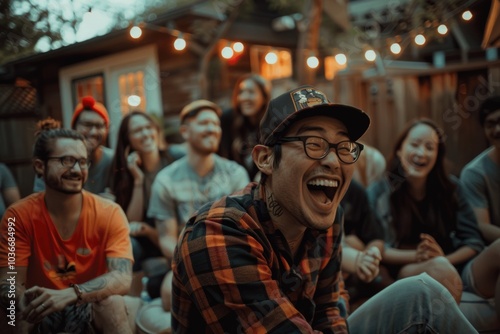 Group of friends having fun at a music festival on the roof of a house