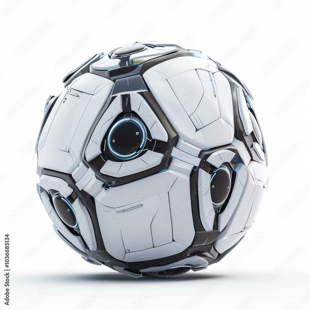 White sphere covered in black panels with blue lights is hovering slightly above the ground White sphere covered in black panels with blue lights is hovering slightly above the ground