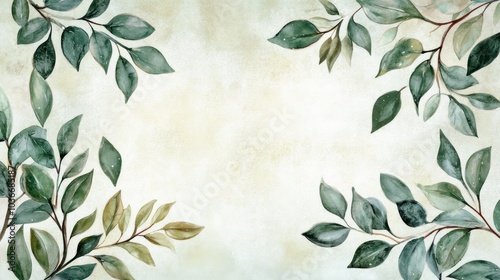 A serene watercolor background featuring green leaves, ideal for invitations or stationery.