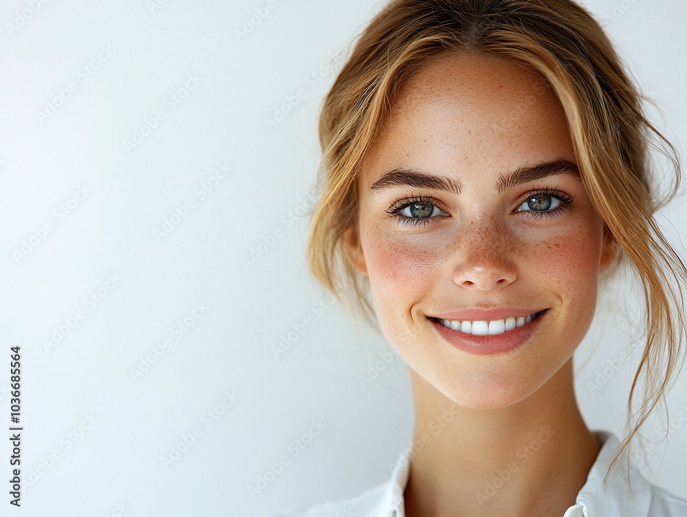 Portrait of a young woman with freckles and a bright smile against a white background. Portrait of a young woman with freckles and a bright smile against a white background.