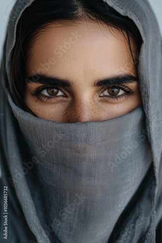 Portrait of an Asian woman with her face covered by a gray hijab, looking directly at the camera