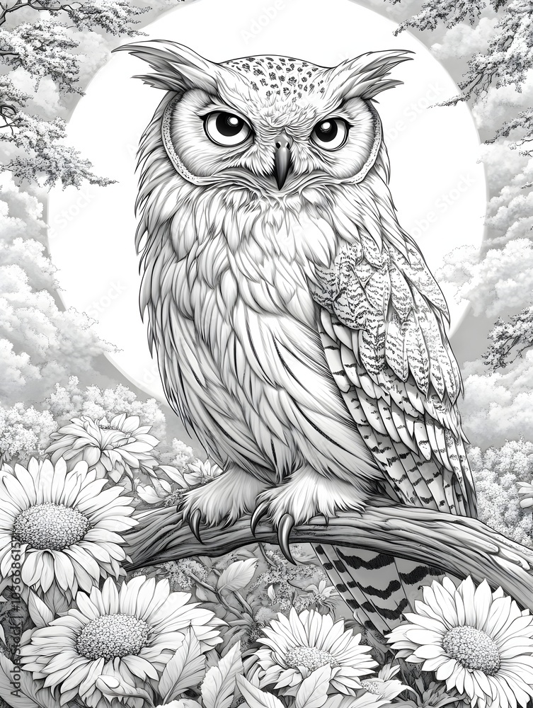 A majestic white owl perched on a branch surrounded by daisies, with a serene moonlit background, capturing a sense of calm and beauty in monochrome. A majestic white owl perched on a branch surrounded by daisies, with a serene moonlit background, capturing a sense of calm and beauty in monochrome.