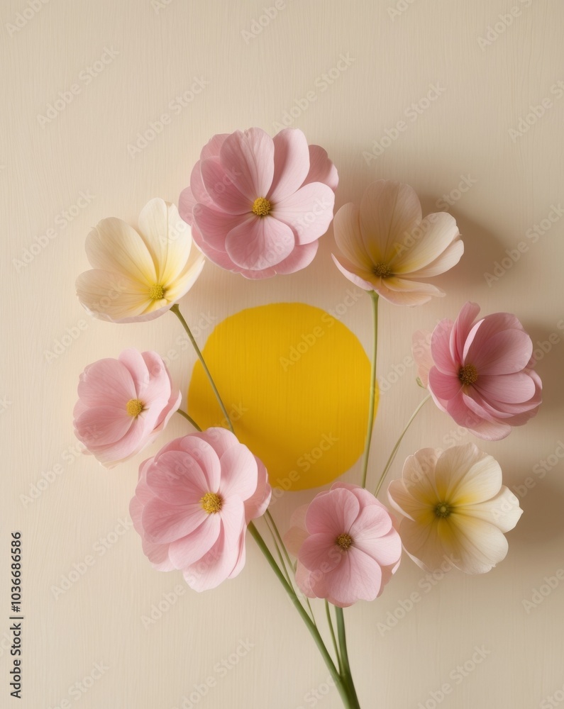 Pink and yellow flowers on beige background with central yellow spot. Pink and yellow flowers on beige background with central yellow spot.