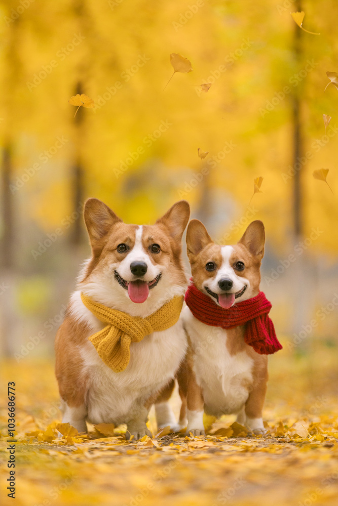 Two happy Corgis, one with a yellow scarf and the other with a red scarf, smile amidst golden autumn leaves, creating a bright and cheerful scene. Two happy Corgis, one with a yellow scarf and the other with a red scarf, smile amidst golden autumn leaves, creating a bright and cheerful scene.