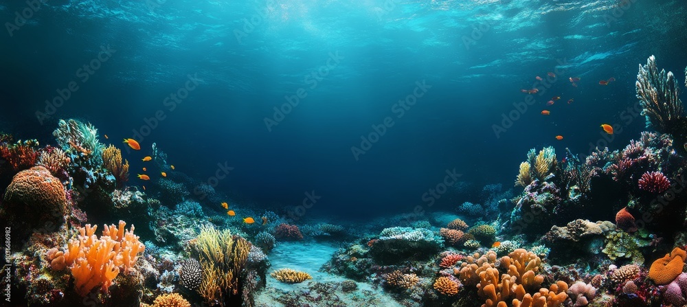 Naklejka premium Vibrant Coral Reef Ecosystem, Colorful Underwater Scene with Tropical Fish Swimming in Sunlight