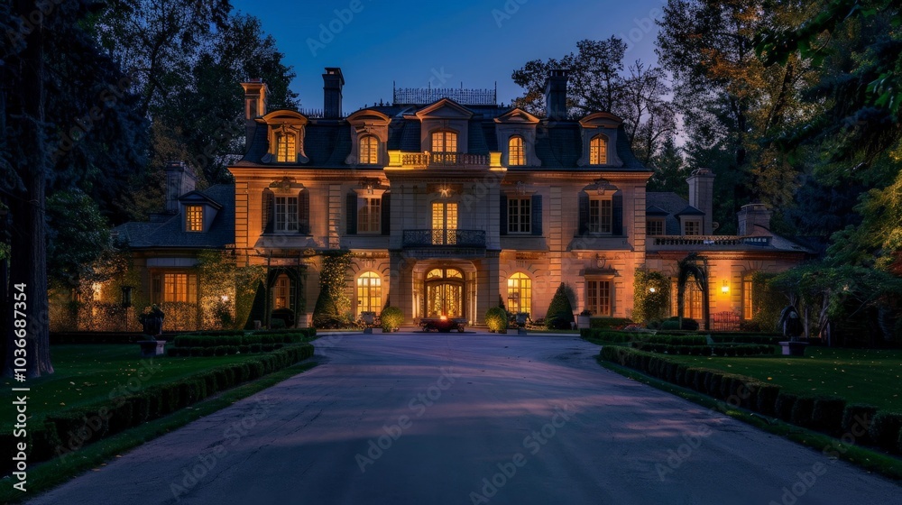 Elegant mansion with a long driveway and classic architecture, twilight setting Elegant mansion with a long driveway and classic architecture, twilight setting