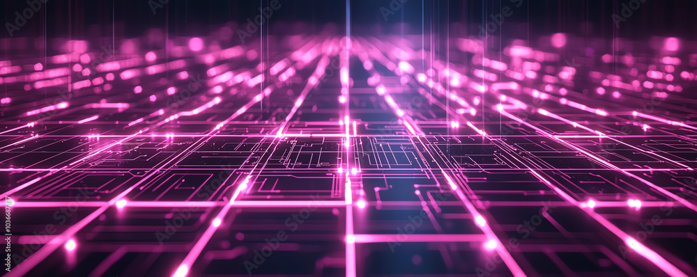 Futuristic digital circuits glowing with neon lines against a dark geometric grid Futuristic digital circuits glowing with neon lines against a dark geometric grid