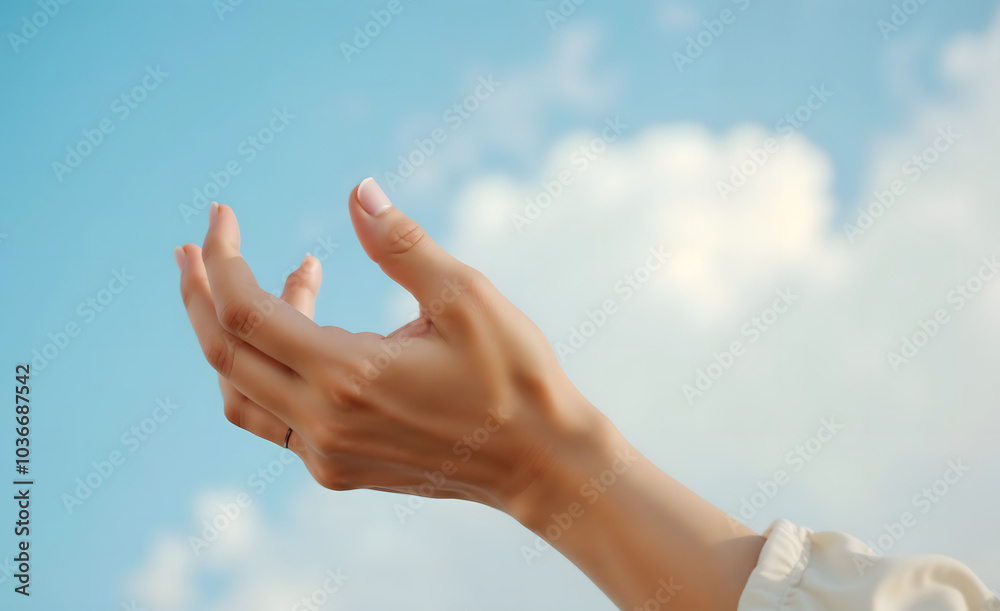 Hand reaching towards the sky with clouds in a blue background representing freedom and hope Hand reaching towards the sky with clouds in a blue background representing freedom and hope