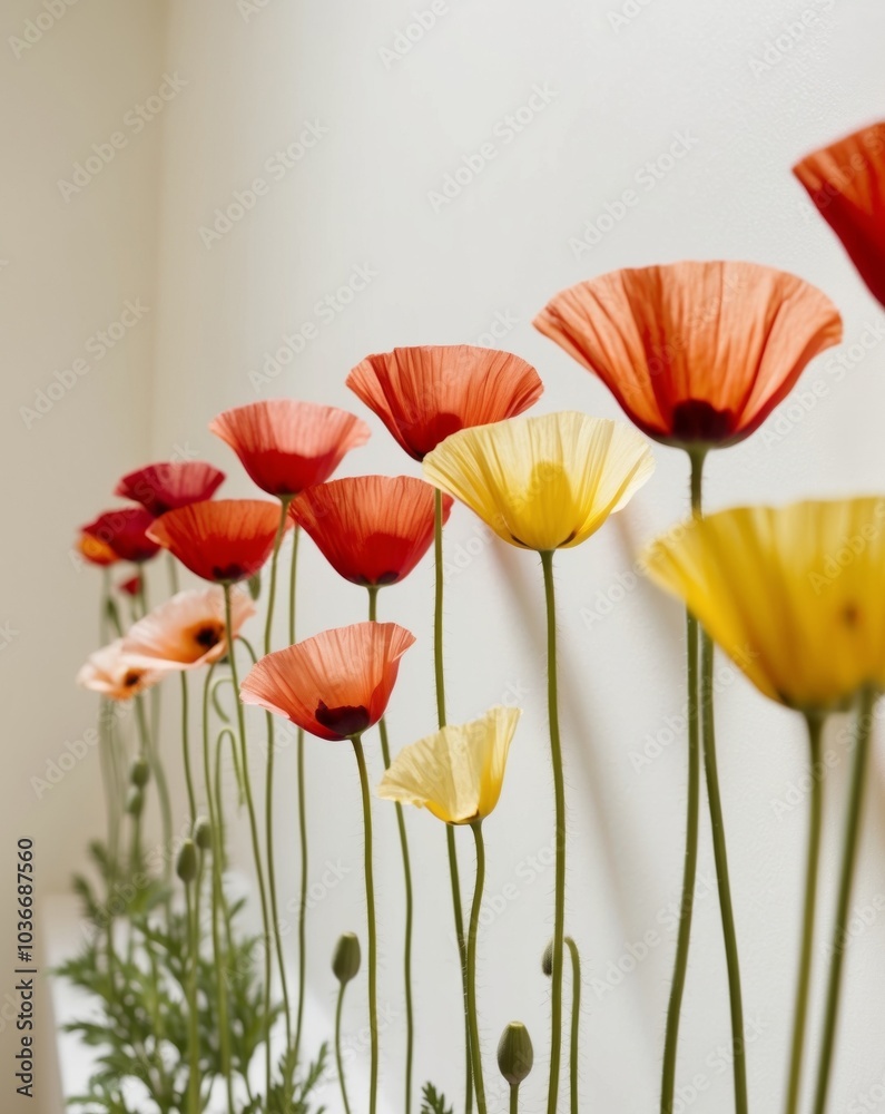 Fototapeta premium Colorful Poppy Flowers Arranged in a Row.
