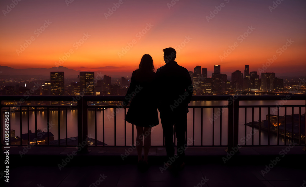 Fototapeta premium Couple silhouetted against a vibrant sunset overlooking a city skyline