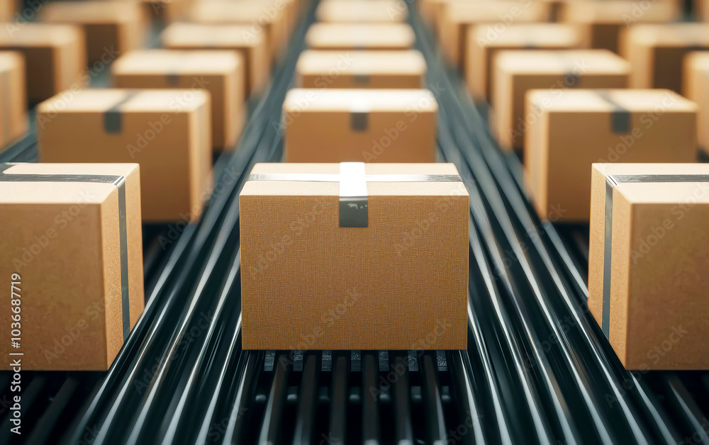 Fototapeta premium A series of identical cardboard boxes lined up on a conveyor belt, ready for shipping or distribution.