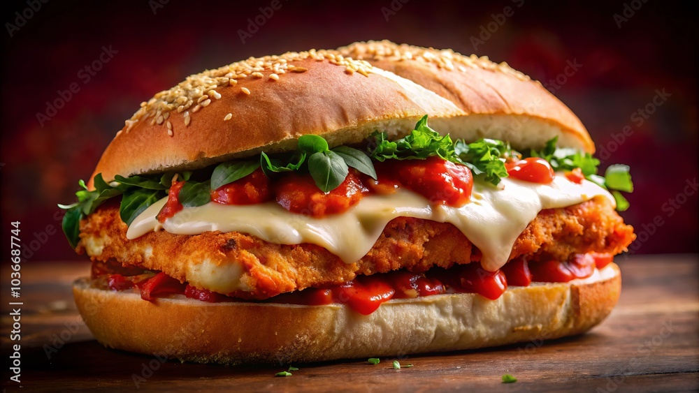 Indulge in a close-up view of a tantalizing chicken parmesan sandwich displayed on a vibrant red background, perfect for food lovers and culinary enthusiasts alike. Indulge in a close-up view of a tantalizing chicken parmesan sandwich displayed on a vibrant red background, perfect for food lovers and culinary enthusiasts alike.