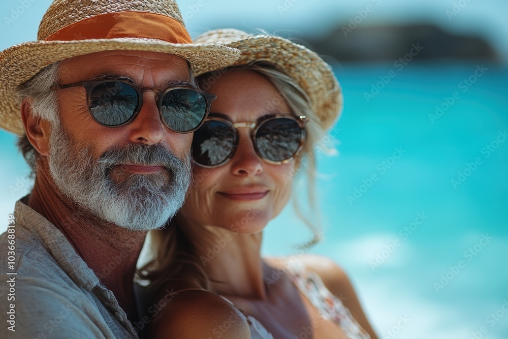 A cheerful couple enjoys a sunny beach day in clear water with bright skies during a summer vacation A cheerful couple enjoys a sunny beach day in clear water with bright skies during a summer vacation