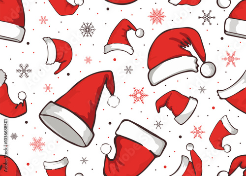 Christmas seamless pattern with Santa Claus hats and snowflakes. Festive new year's background for fabric, wrapping paper, scrapbooking, textile, poster, banner and other christmas design