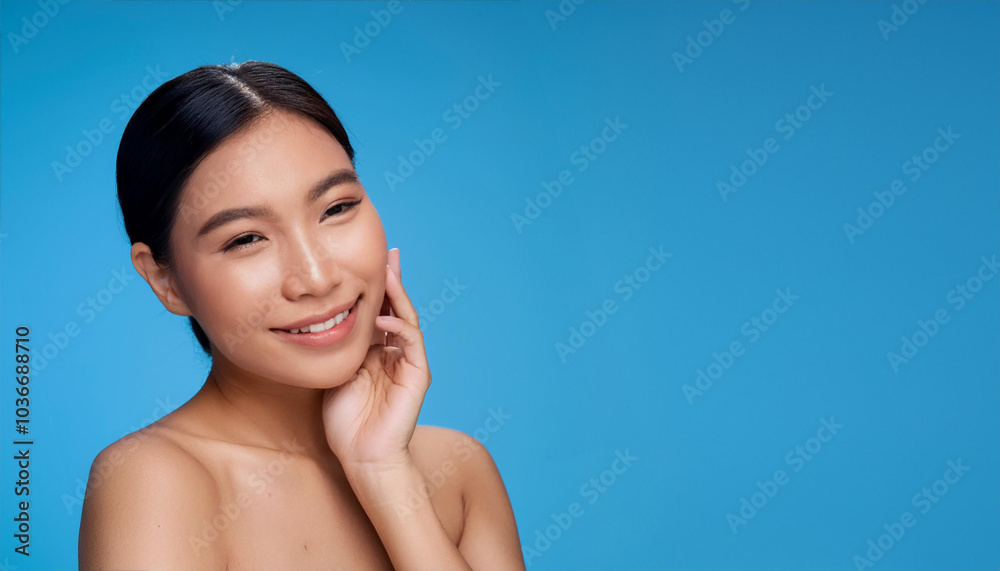 woman with natural makeup and glowing skin posing in a blue background woman with natural makeup and glowing skin posing in a blue background