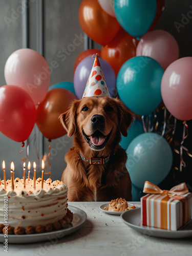 The dog is celebrating its birthday with a cake and balloons.