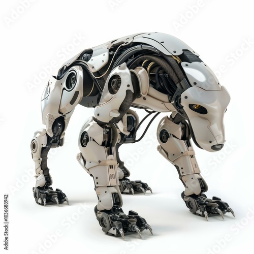 Futuristic robot panther with a sleek white and silver design is standing in a powerful pose, showcasing its advanced technology and predatory grace