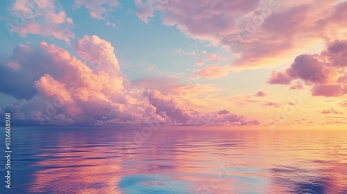 A serene seascape at sunset, showcasing soft pink and purple hues reflecting in the calm waters under a dramatic sky filled with fluffy clouds.