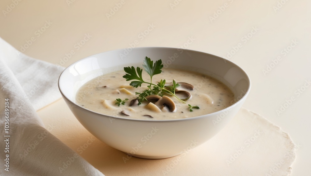 Creamy Mushroom Soup in White Bowl with Fresh Herbs. Creamy Mushroom Soup in White Bowl with Fresh Herbs.