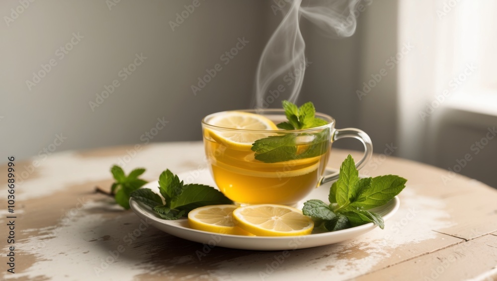 Refreshing ginger tea with slices of lemon and sprigs of mint on a charming wooden table. Refreshing ginger tea with slices of lemon and sprigs of mint on a charming wooden table.