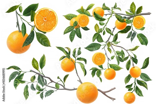 A group of branches with ripe, mouthwatering oranges cut out. Generative Ai