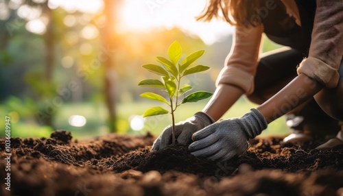 A close-up of hands planting a small tree in rich soil, symbolizing growth and renewal