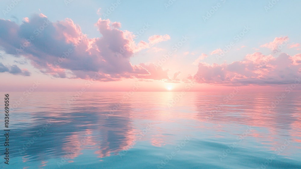 A serene seascape during sunset, featuring calm waters, pastel skies, and gentle clouds reflecting on the surface, creating a tranquil atmosphere.