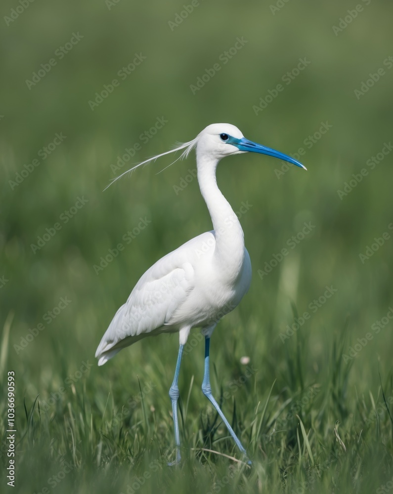 A tight shot of a white bird with a blue beak and lengthy legs perched in a verdant field. A tight shot of a white bird with a blue beak and lengthy legs perched in a verdant field.