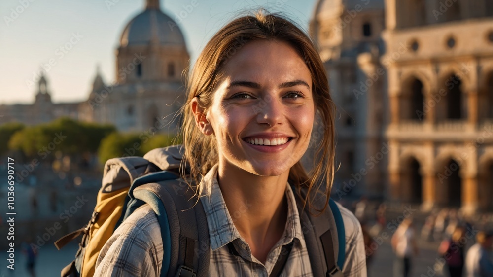 Fototapeta premium The woman is a traveler, she is happy and smiling. She has visited different parts of the world and has a life full of experience.