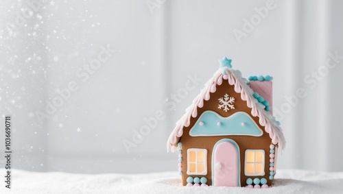 Whimsical Gingerbread Holiday House in Snowy Winter Landscape. photo