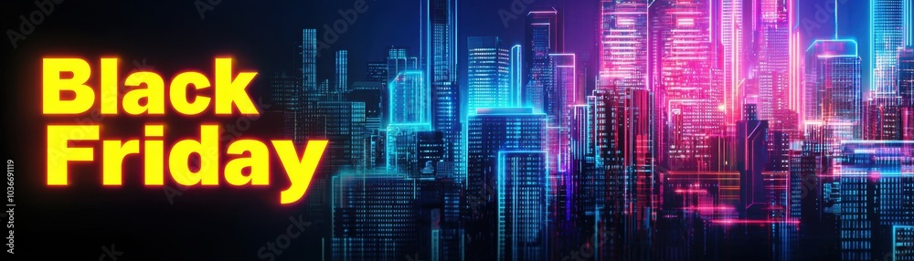 Glowing neon Black Friday concept in digital marketing design. A vibrant digital cityscape featuring Glowing neon Black Friday concept in digital marketing design. A vibrant digital cityscape featuring