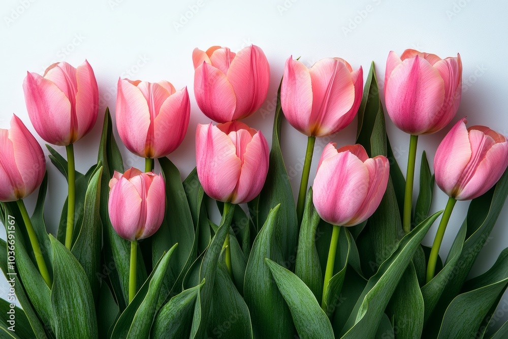 Row of pink tulips with green stems. The flowers are arranged in a line, with some overlapping each other. Scene is one of beauty and serenity, as the flowers are a bright Row of pink tulips with green stems. The flowers are arranged in a line, with some overlapping each other. Scene is one of beauty and serenity, as the flowers are a bright