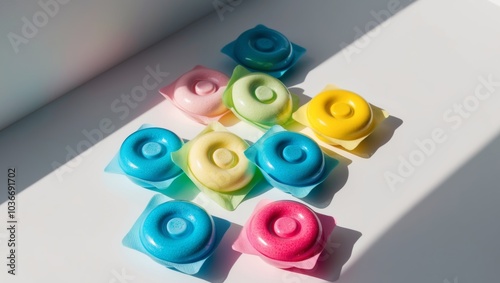 Colorful Detergent Pods for Cleaning Dishes or Laundry. photo