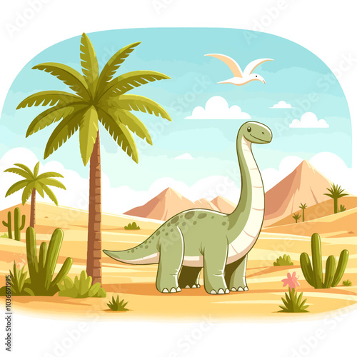 A cartoon dinosaur is standing in a desert with a palm tree