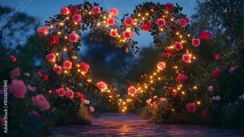 Fototapeta Naklejka Na Ścianę i Meble -  Heart-shaped archway made of roses and lights: 3D-rendered archway intertwined with blooming roses and glowing lights in the shape of a heart