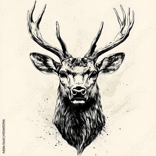 A black and white illustration of a deer's head with antlers. photo