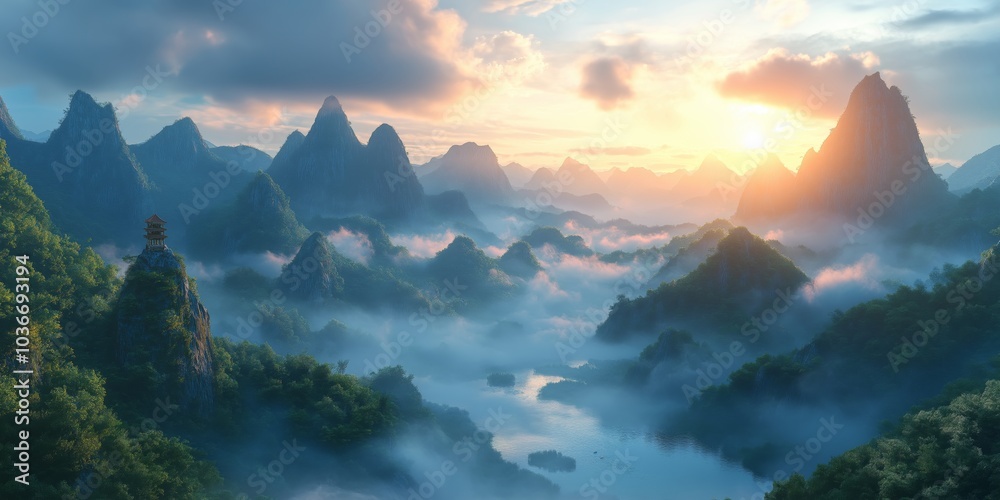 Obraz premium Karst mountain peaks and primeval forests in the sea of clouds at sunrise