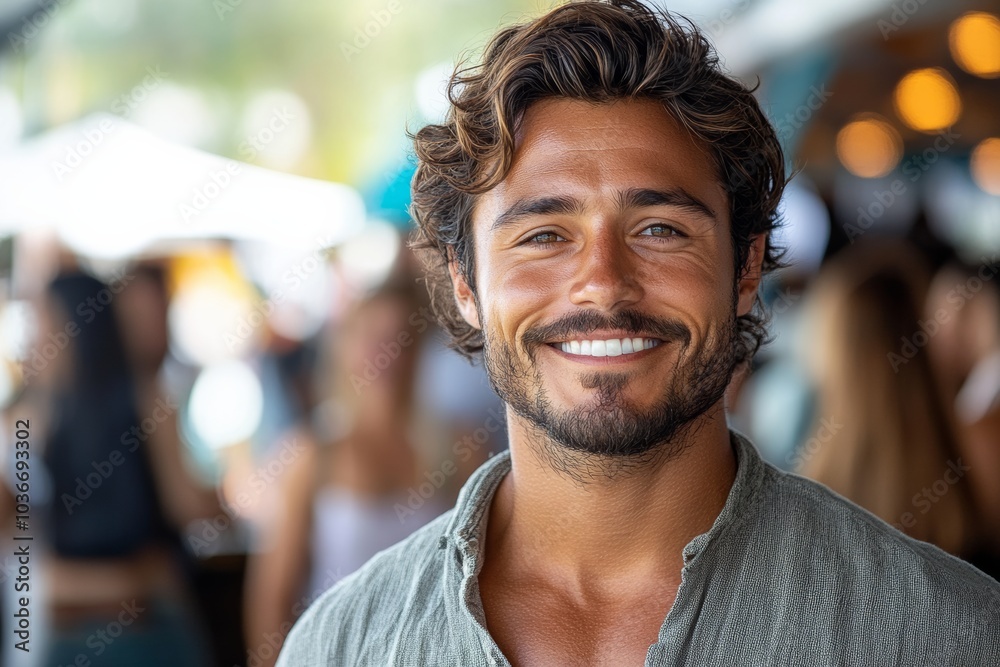Man with a beard and a smile is standing in front of a crowd. He is wearing a green shirt